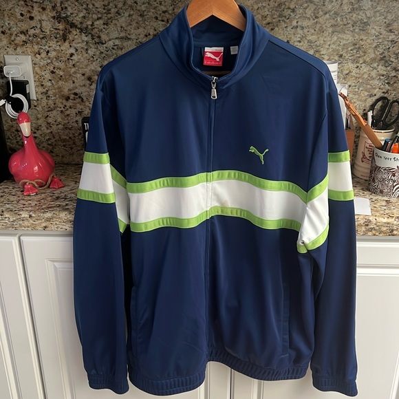 Puma Other - Puma Work-out Jacket Sz XL Navy Blue w/Green and White